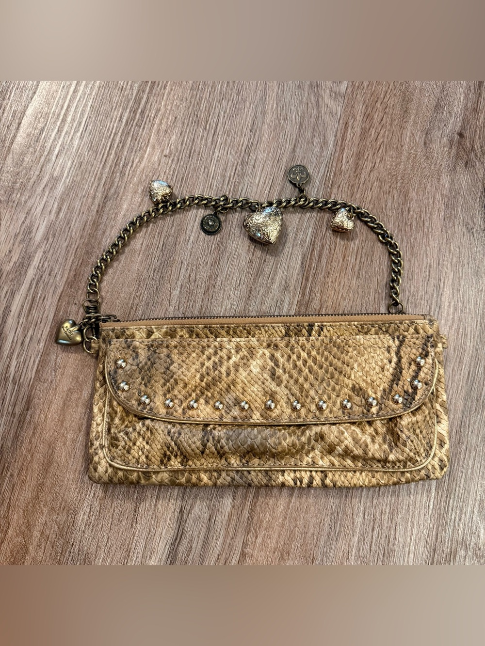 VTG Y2K Kathy Van Zeeland Handbag Snakeskin Metal Strap Charms Going Out Party